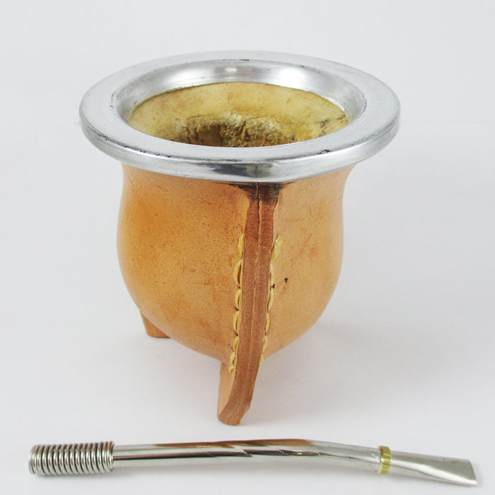 Leather Argentina Mate Gourd Yerba Tea Handmade Bombilla Straw Detox Tan 9679