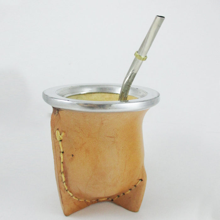 Leather Argentina Mate Gourd Yerba Tea Handmade Bombilla Straw Detox Tan 9679