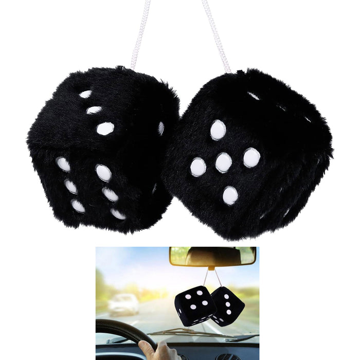 1 Pair Auto Black Fuzzy Dice Vintage Car Plush Hanging Rearview Mirror 2.25"
