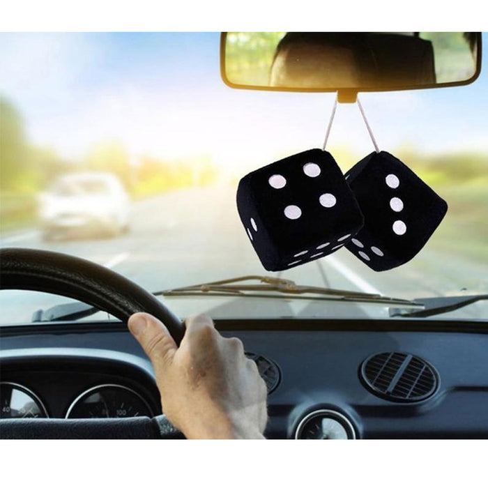 1 Pair Auto Black Fuzzy Dice Vintage Car Plush Hanging Rearview Mirror 2.25"