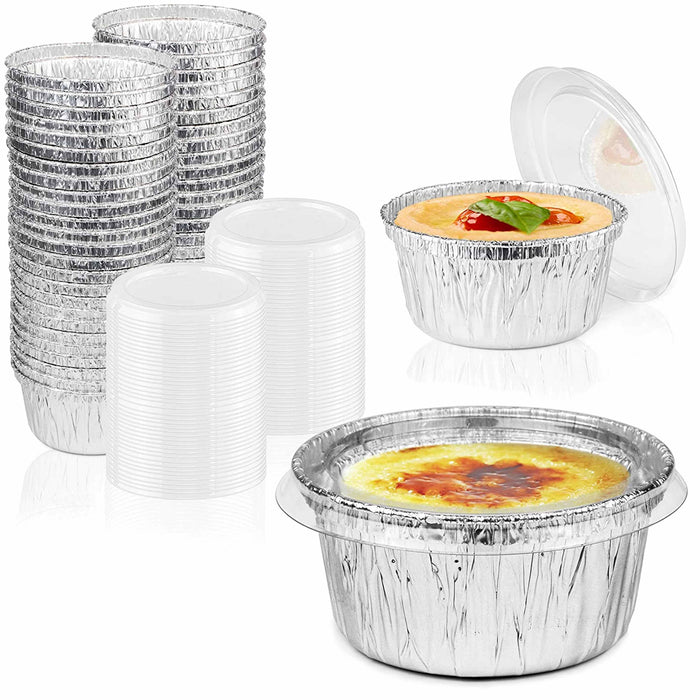 50 Ct 4oz Ramekin Aluminum Foil Cup With Clear Lids Tin Pan Baking Disposable