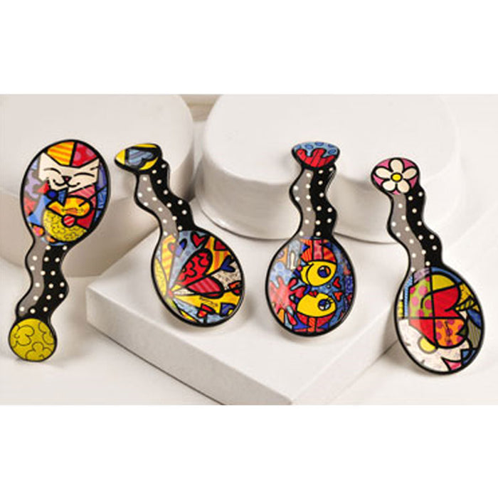 New Romero Britto Spoon Rest Cat Heart Fish Apple Art Spoonrest Kitchen Decor !!