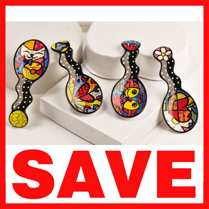 New Romero Britto Spoon Rest Cat Heart Fish Apple Art Spoonrest Kitchen Decor !!