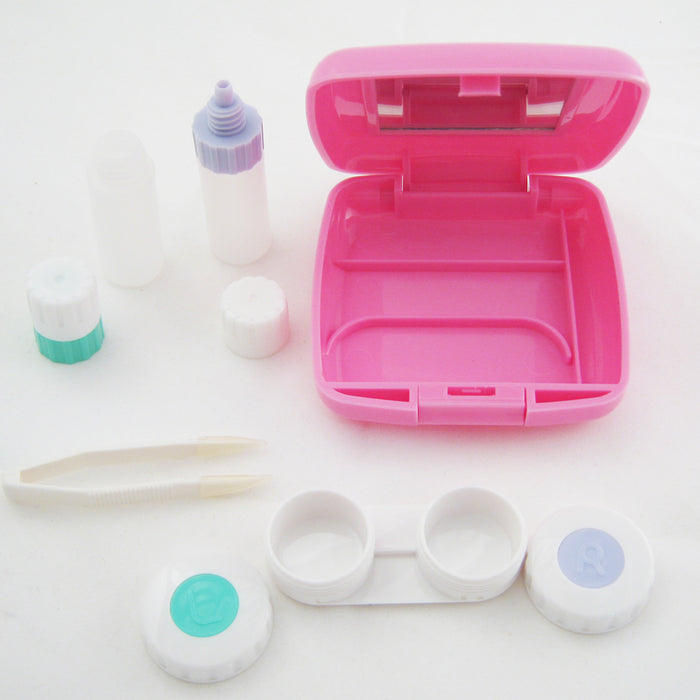 Travel Contact Lens Case Kit Compact Mirror Eye Care Saline Solution Bottle Pink
