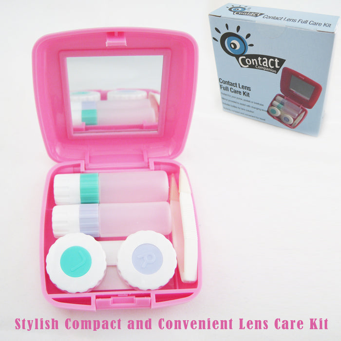 Travel Contact Lens Case Kit Compact Mirror Eye Care Saline Solution Bottle Pink