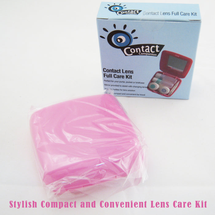 Travel Contact Lens Case Kit Compact Mirror Eye Care Saline Solution Bottle Pink